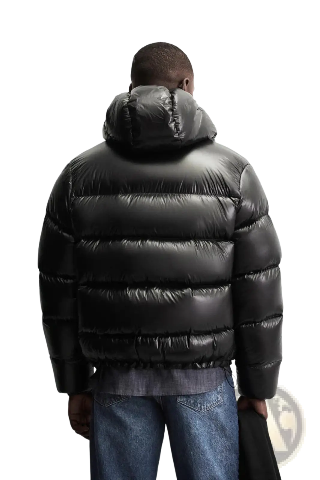 Glossy quilted hooded black puffer jacket with shiny exterior made for warmth and style in cold weather