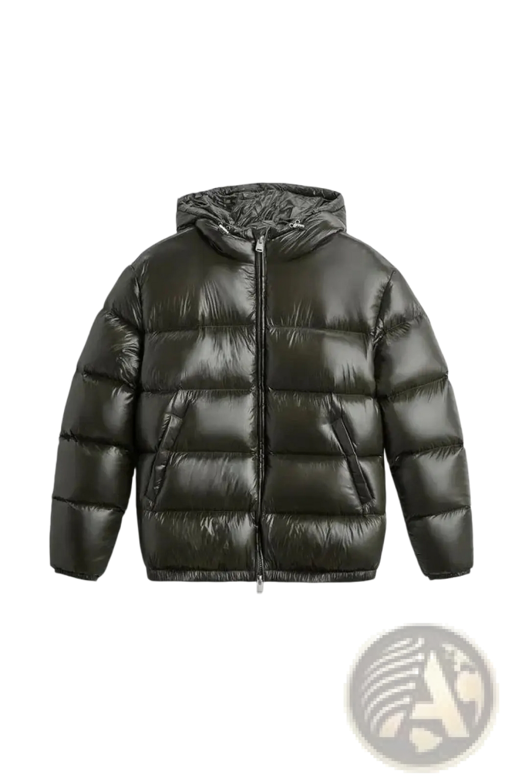Dark olive green glossy quilted hooded puffer jacket with a warm padded design for cold weather protection