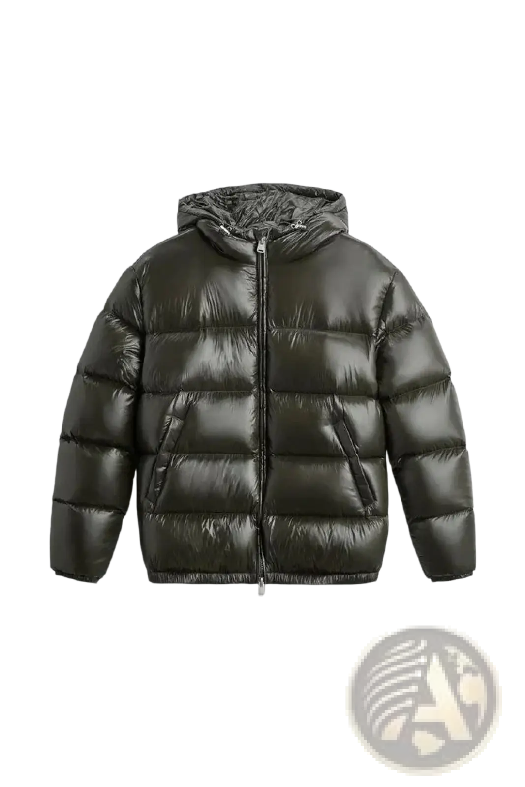 Dark olive green glossy quilted hooded puffer jacket with a warm padded design for cold weather protection
