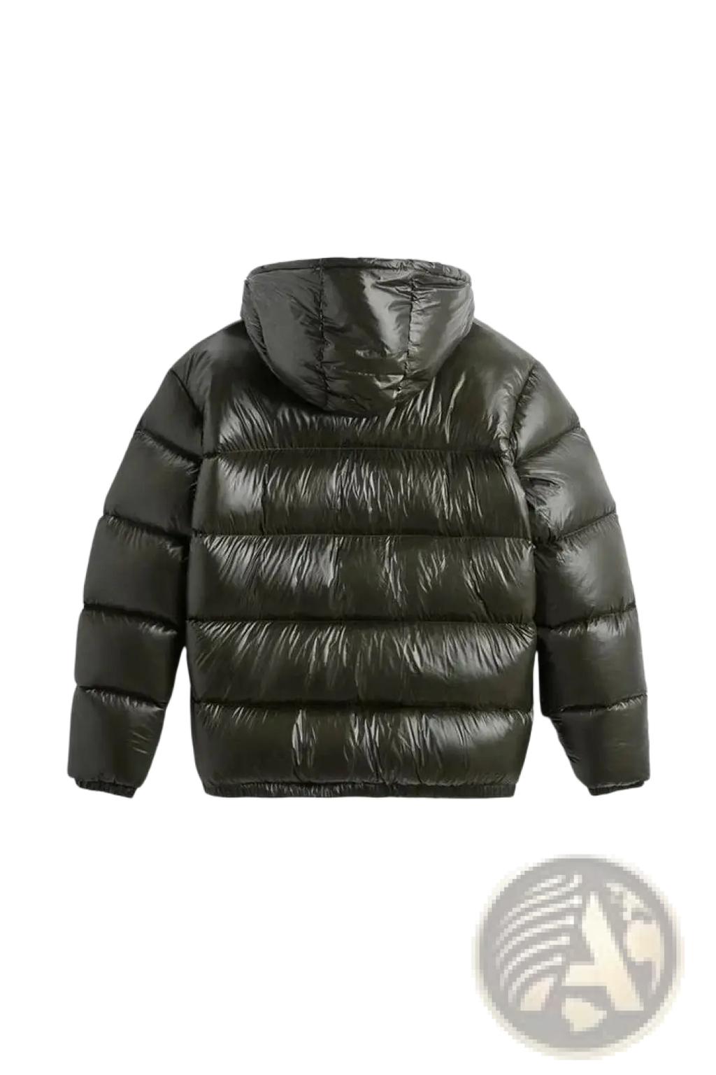 Dark olive green glossy quilted hooded puffer jacket with an attached hood and a shiny exterior for cold weather