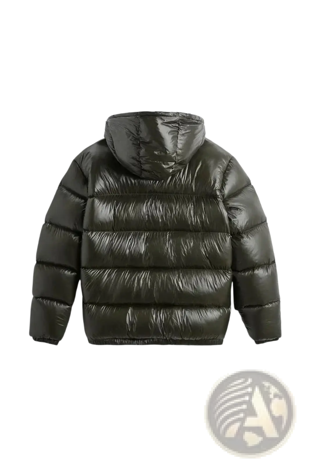Dark olive green glossy quilted hooded puffer jacket with an attached hood and a shiny exterior for cold weather