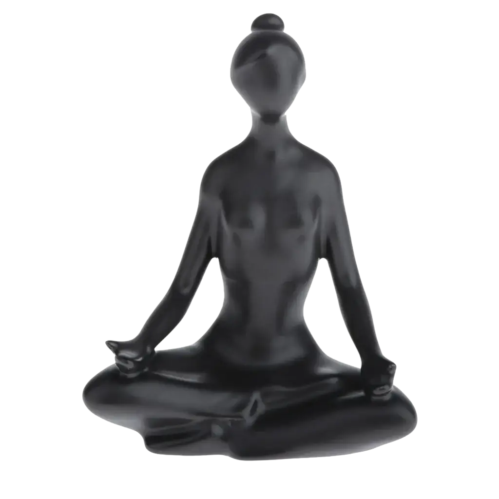 Black glossy resin yoga figurine set of a woman in meditative pose with hair styled in a top knot