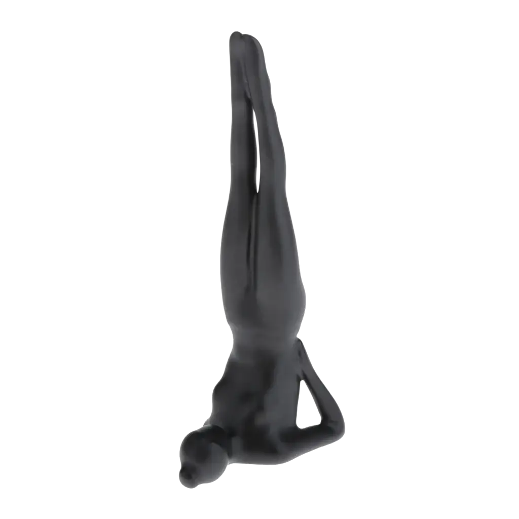 Black matte-finished resin yoga figurine in an inverted pose from glossy resin yoga figurine set