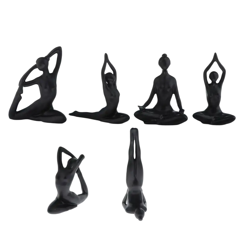 Set of six glossy black resin yoga figurines in various poses for decorative and meditative use