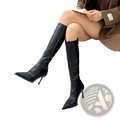 Glossy stiletto knee high boots in black leather with a sleek pointed toe and slender stiletto heel