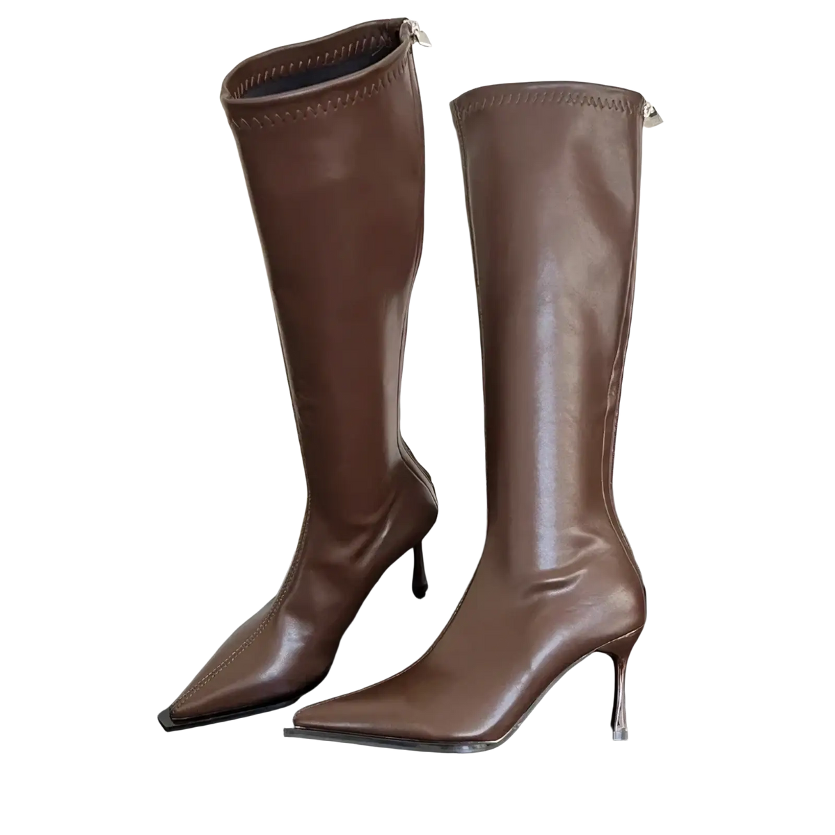 Glossy stiletto knee high boots in brown faux leather with a pointed toe and slim high heel