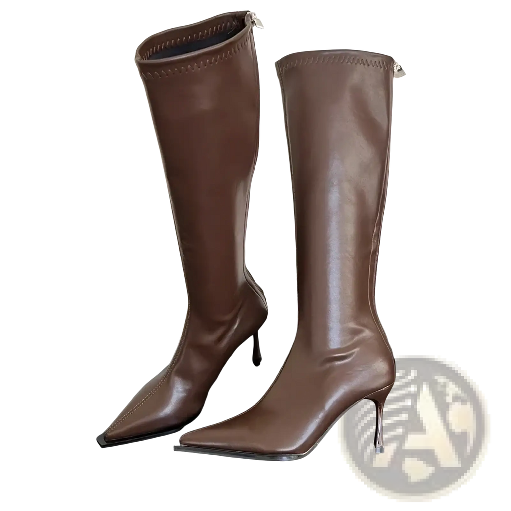 Glossy stiletto knee high boots in brown faux leather with a pointed toe and slim high heel