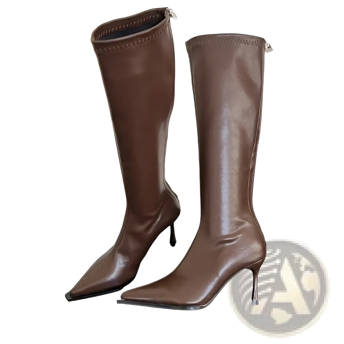 Glossy stiletto knee high boots in brown faux leather with a pointed toe and slim high heel
