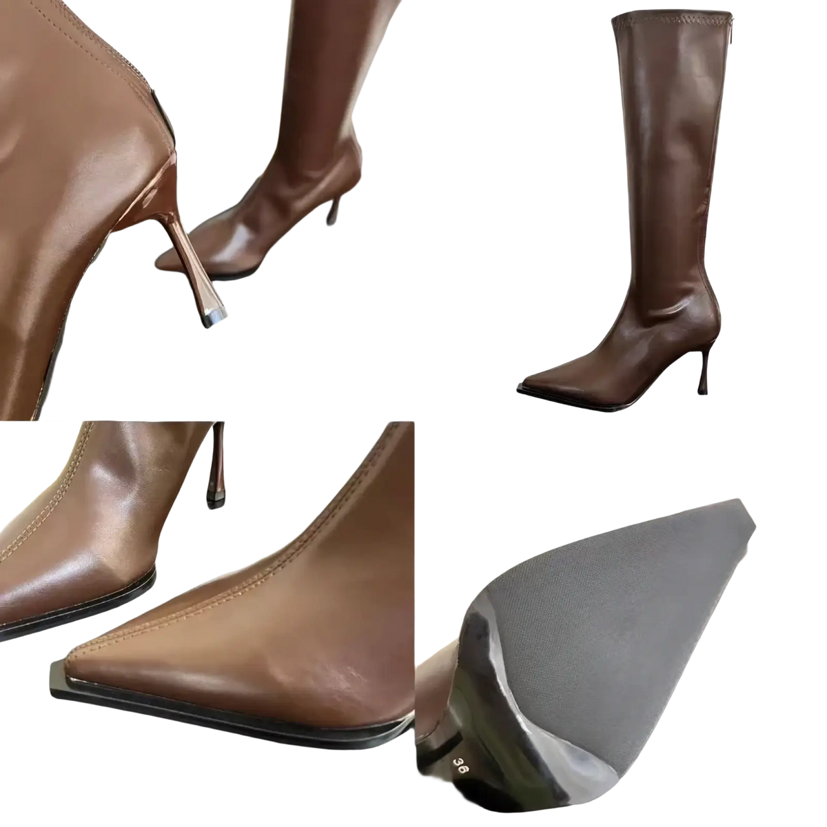 Glossy stiletto knee high boots in brown leather with a sleek pointed toe and slender high heel