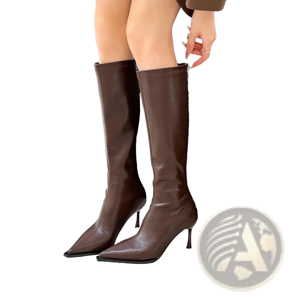 Glossy stiletto knee high boots in brown leather with pointed toe and slender high heel