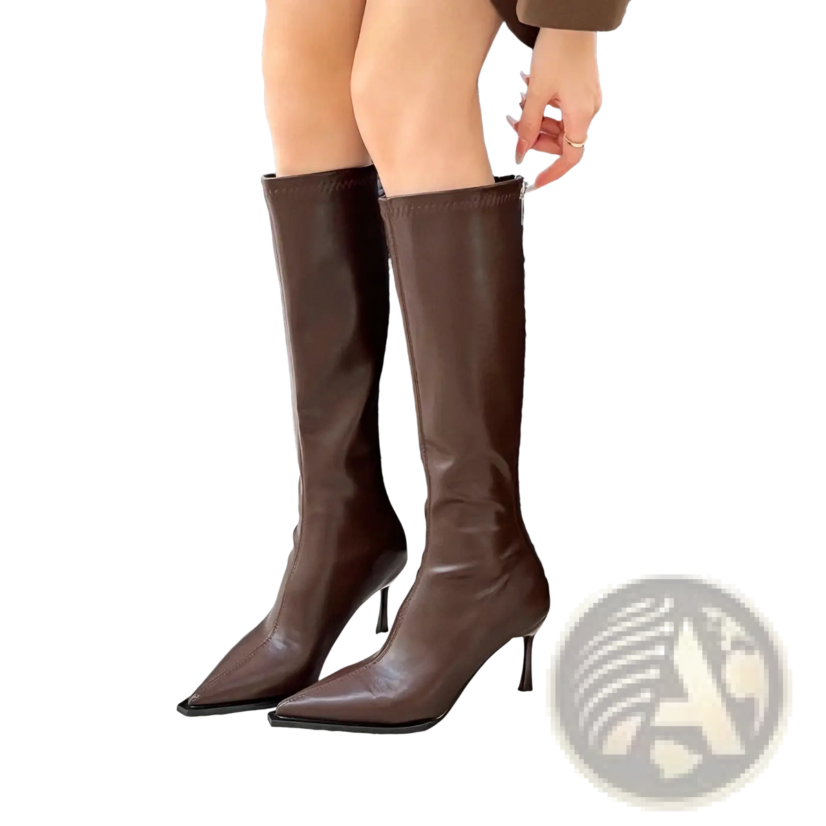 Glossy stiletto knee high boots in brown leather with pointed toe and slender high heel