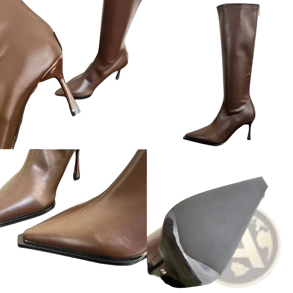 Glossy stiletto knee high boots in brown leather with a sleek pointed toe and slender high heel
