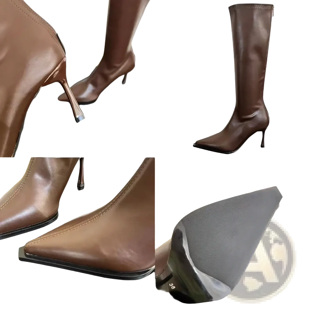 Glossy stiletto knee high boots in brown leather with a sleek pointed toe and slender high heel