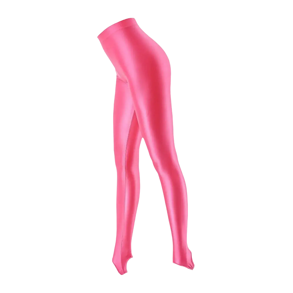 Bright pink shiny satin glossy stirrup leggings with high waist and toe caps for fitness and fashion use