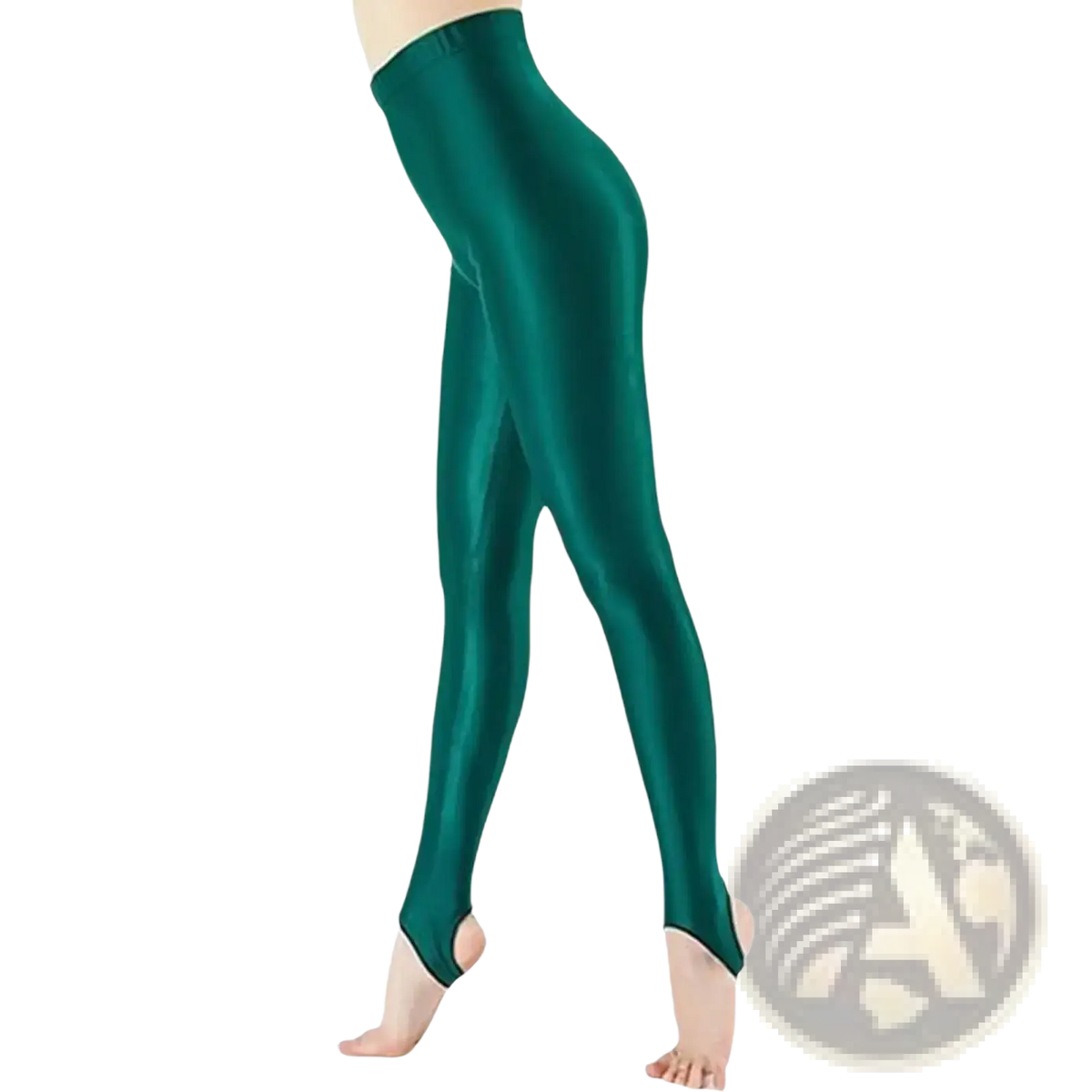 Glossy stirrup leggings high waist fitness pants in emerald green shiny stretch fabric with open toe cut design