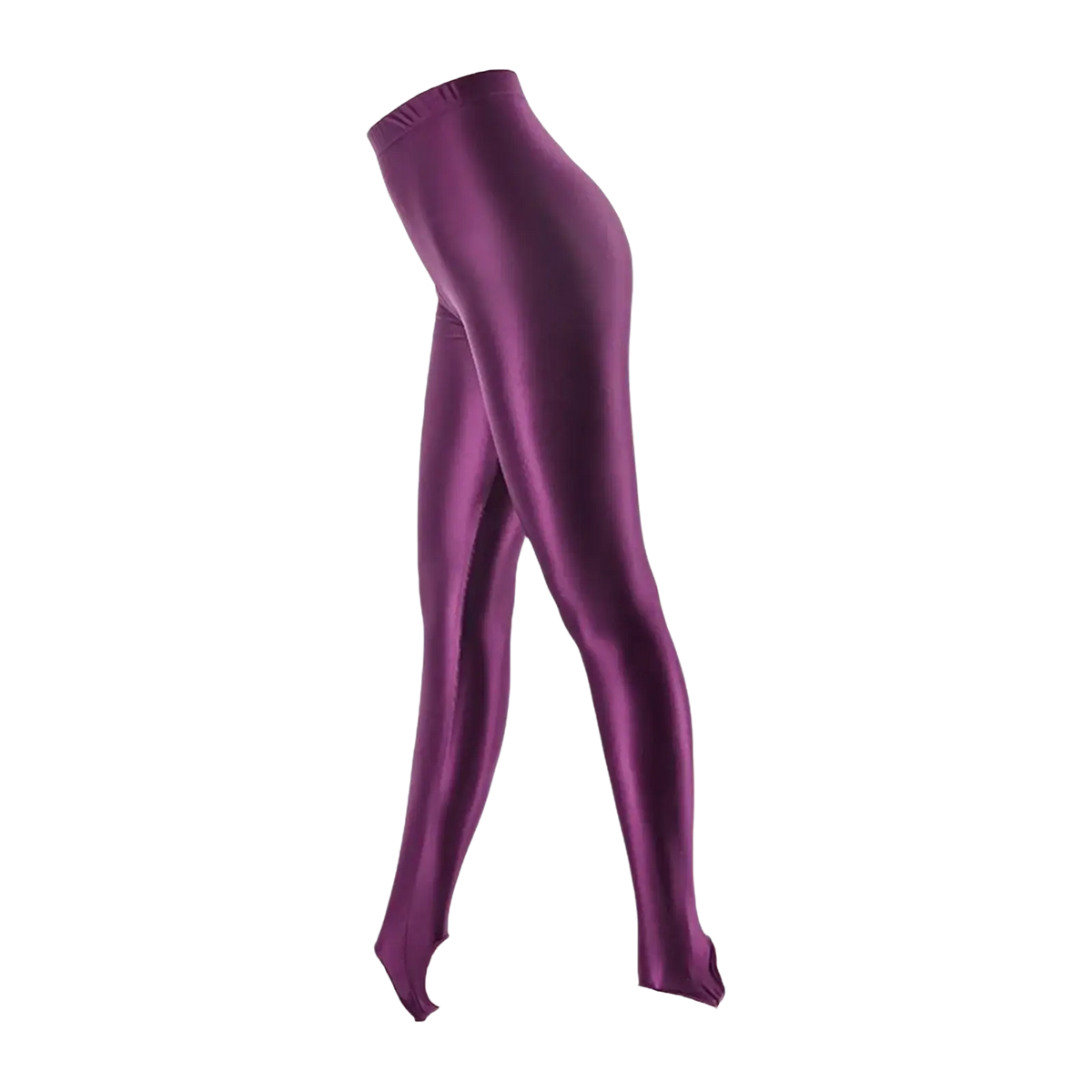 Glossy stirrup leggings high waist fitness pants in purple satin with a smooth shiny finish and open-toe design