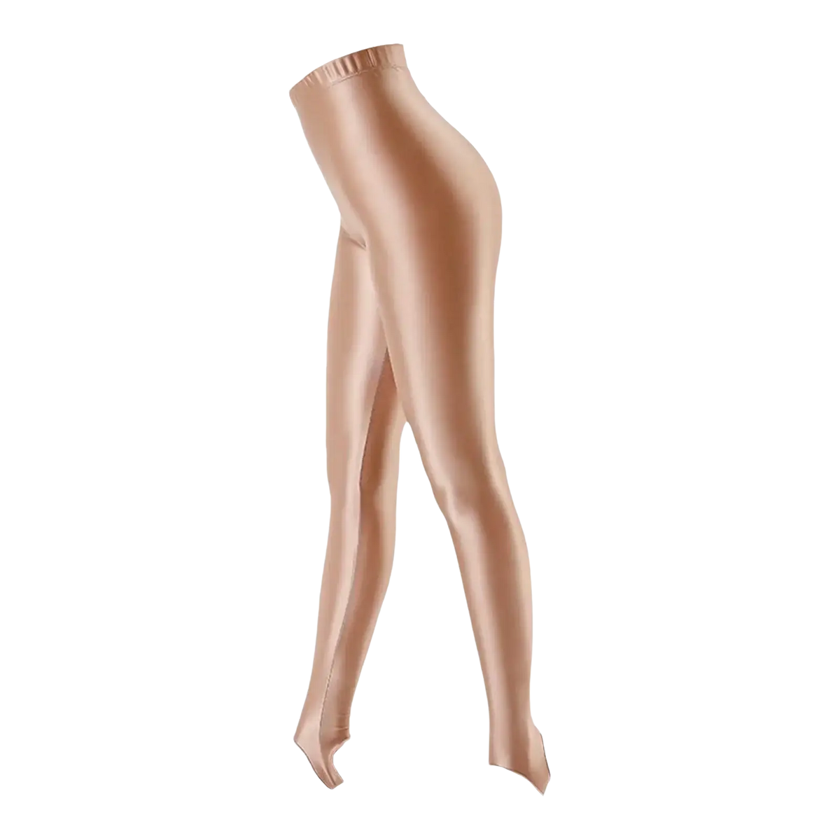 Shiny beige glossy stirrup leggings with high waist and smooth satin-like finish for fitness use