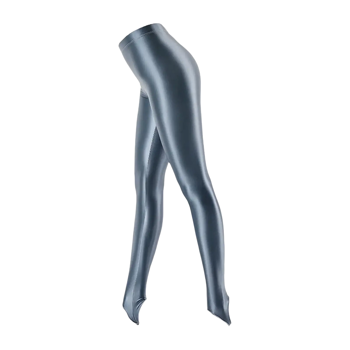 Shiny metallic gray glossy stirrup leggings high waist fitness pants with smooth reflective surface