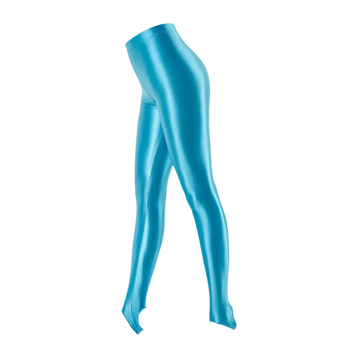 Glossy stirrup leggings high waist fitness pants in shiny turquoise patent leather with a sleek form-fitting design