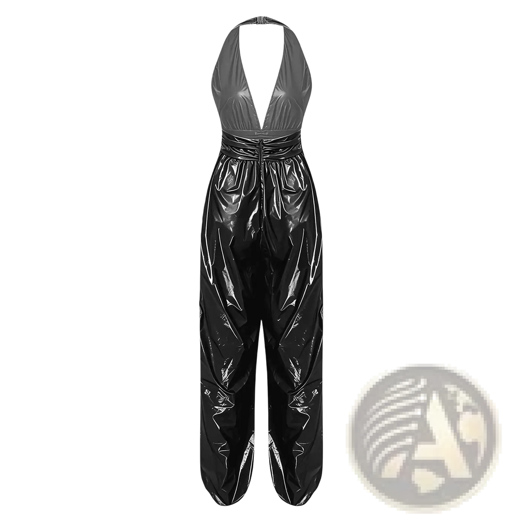 Black glossy vinyl halter jumpsuit with a deep v-neckline and wide-leg design, front view