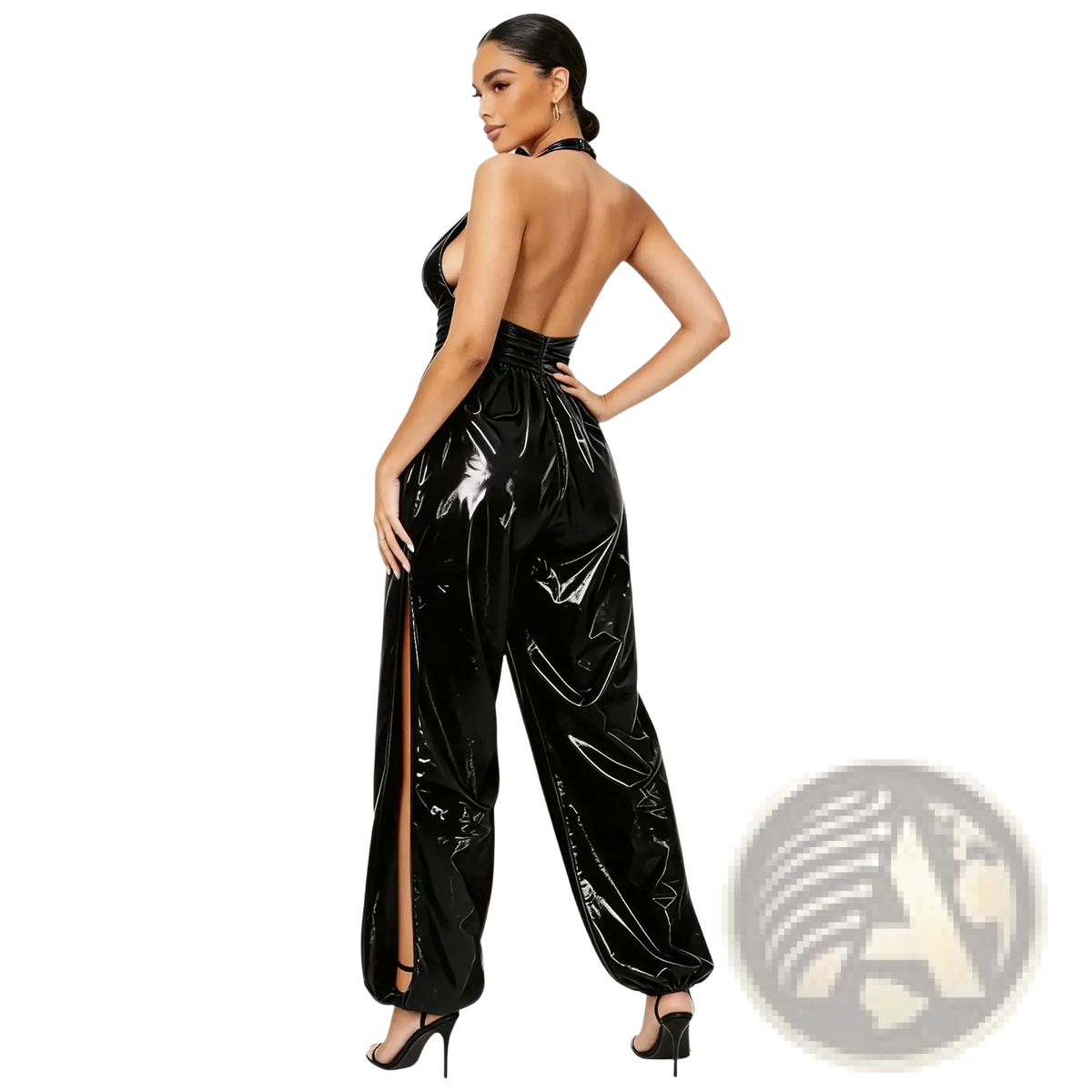Black patent leather halter jumpsuit with backless design and high slit made of glossy vinyl material