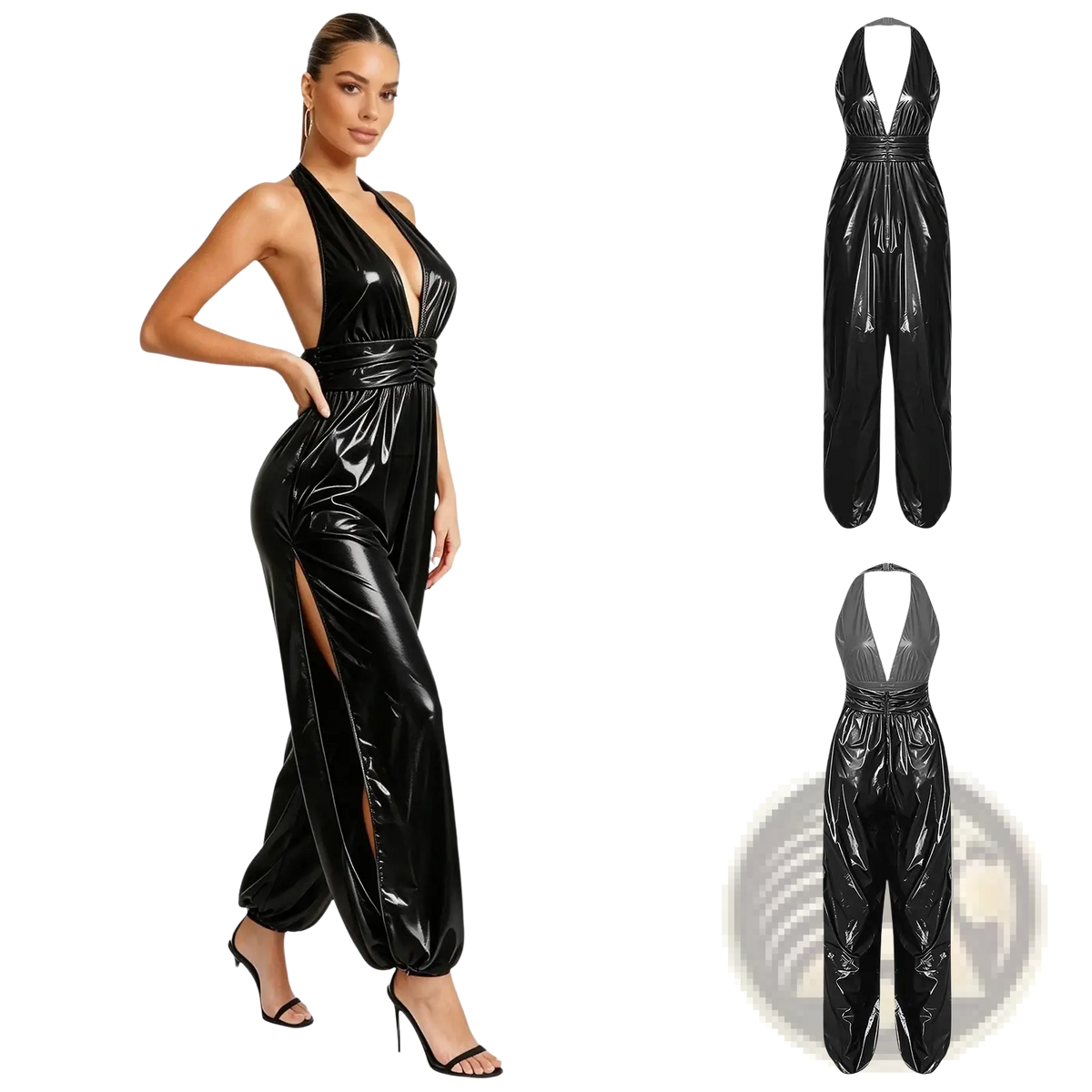 Black patent leather halter-neck jumpsuit back view featuring a deep v-back and side slit glossy vinyl romper