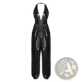 Black patent leather halter jumpsuit with fitted waist and wide-leg pants shown from the back side