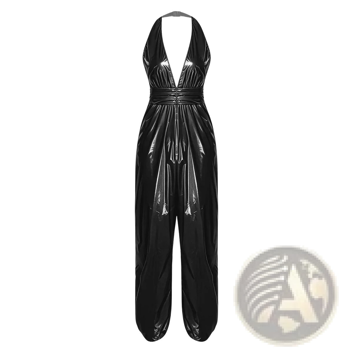 Black patent leather halter jumpsuit with fitted waist and wide-leg pants shown from the back side