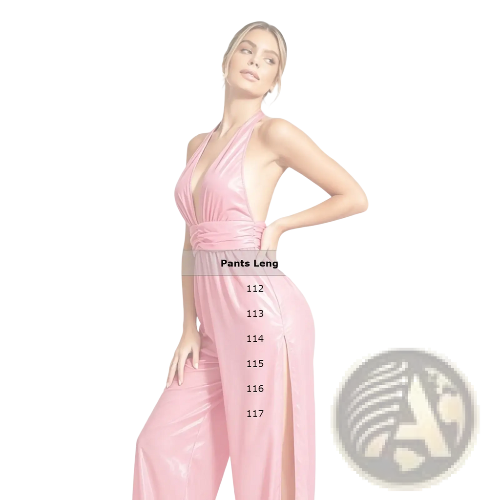 Pink satin halter jumpsuit with deep v-neckline and side slit in glossy vinyl backless romper style