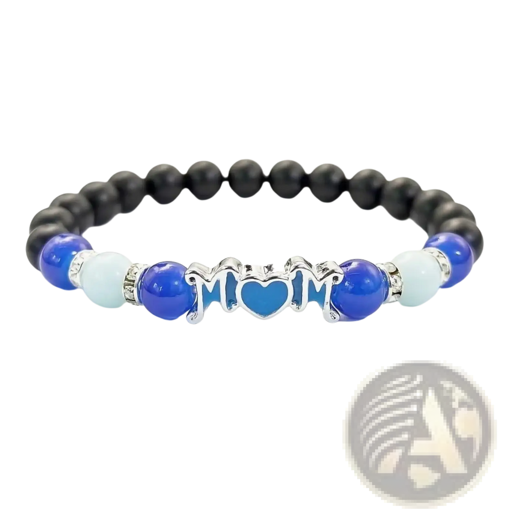 A blue and black beaded glow in the dark mother bracelet with a silver mom charm featuring a heart center