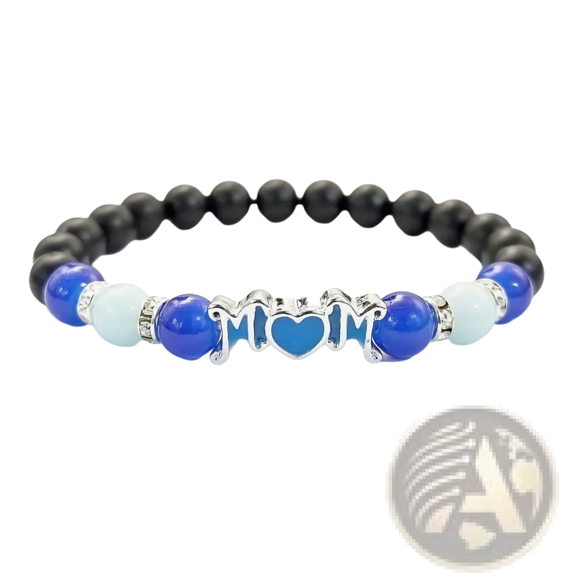 A blue and black beaded glow in the dark mother bracelet with a silver mom charm featuring a heart center