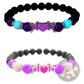 Glow in the dark mother bracelet with purple and black beads and a central silver mom charm featuring a heart shown glowing at night and daylight