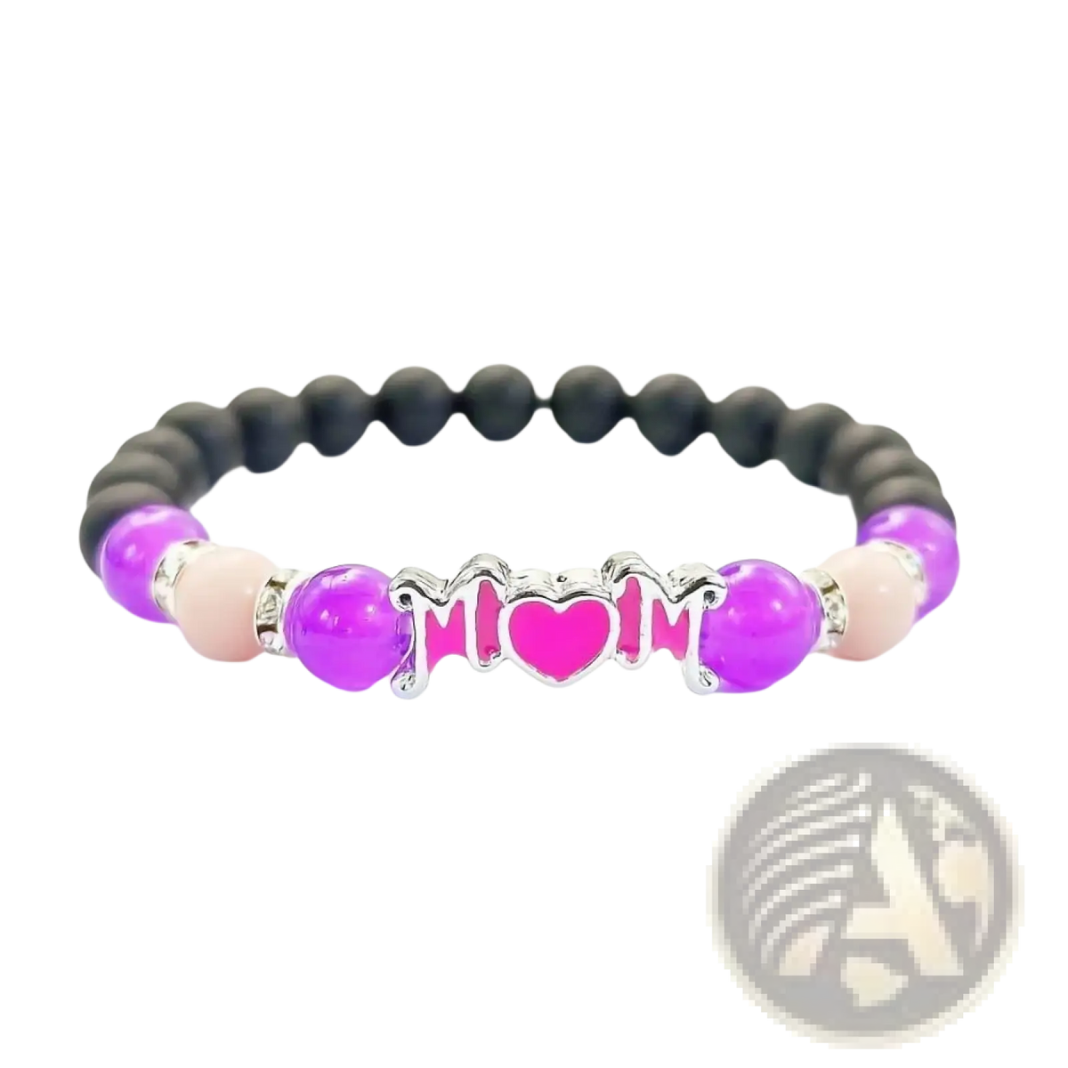 A purple and black beaded glow in the dark mother bracelet with a silver mom charm featuring a pink heart