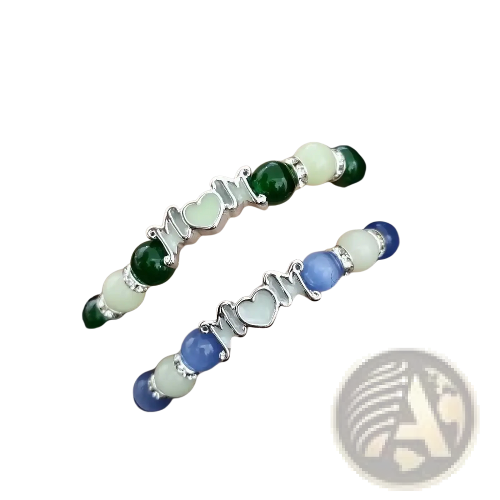 Two glow in the dark mother bracelets with green white and blue white beads featuring silver mom charms