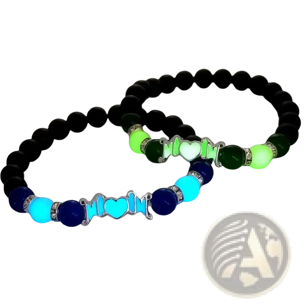Two glowing mother bracelets with black green and blue turquoise beads featuring silver mom heart charms glow in the dark jewelry