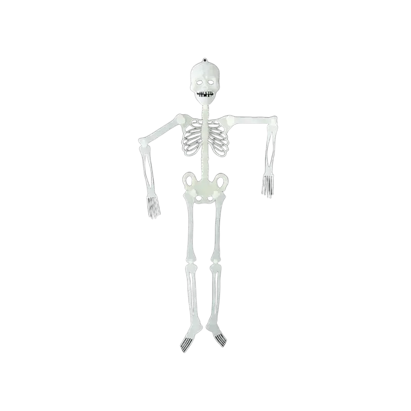 A white luminous skull skeleton halloween prop with articulated limbs and detailed ribcage for haunted house decor