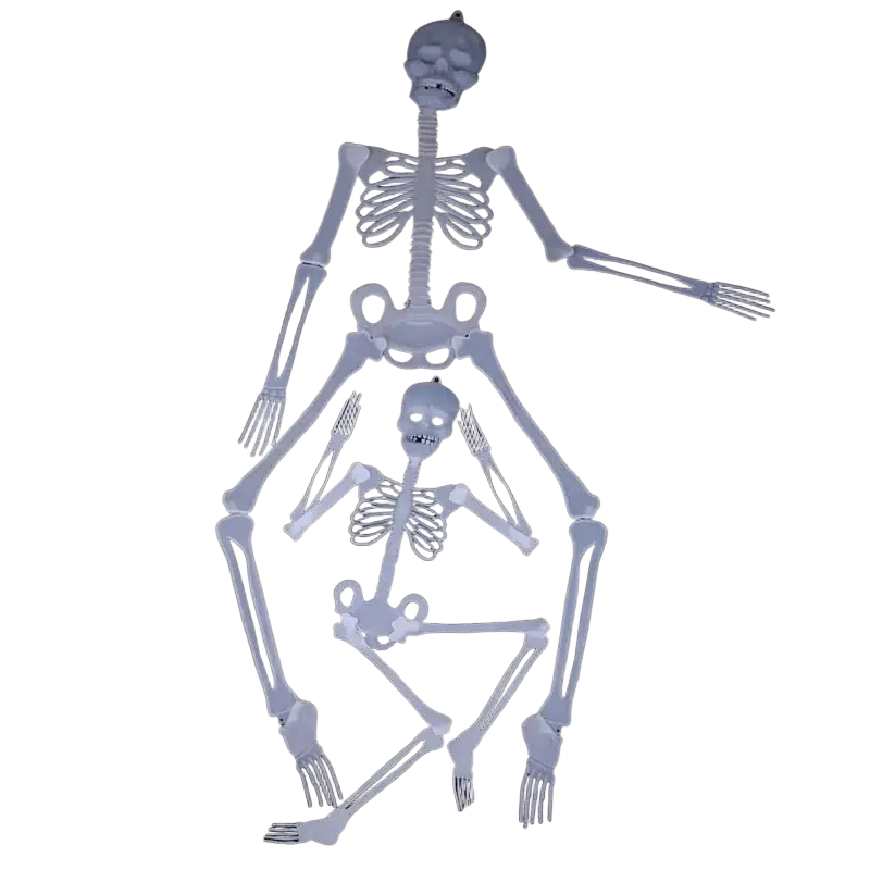 White plastic glow in the dark skull skeleton set with standing and sitting figures for halloween props haunted house use