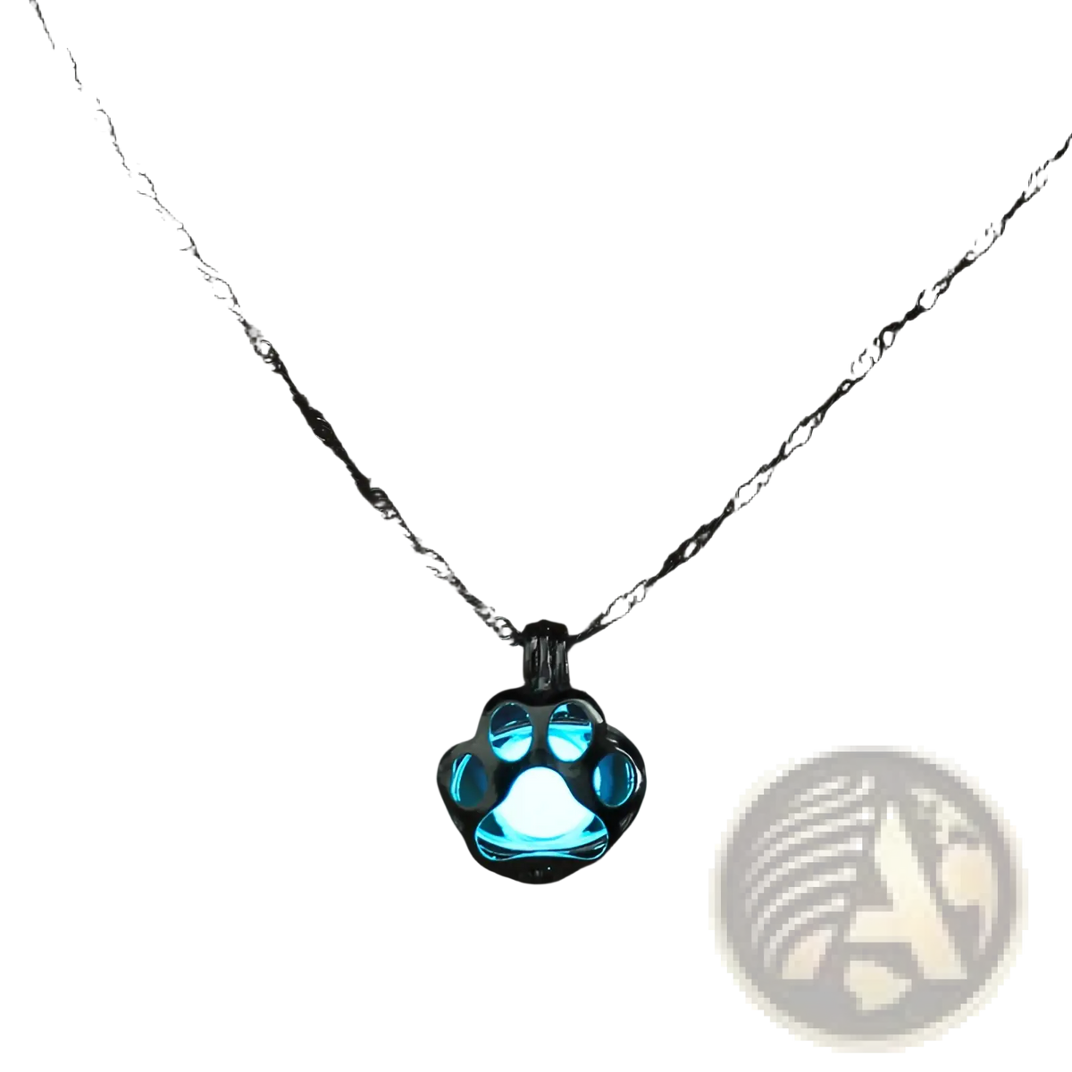 A glowing blue paw print pendant necklace with a silver-toned chain for animal night light jewelry