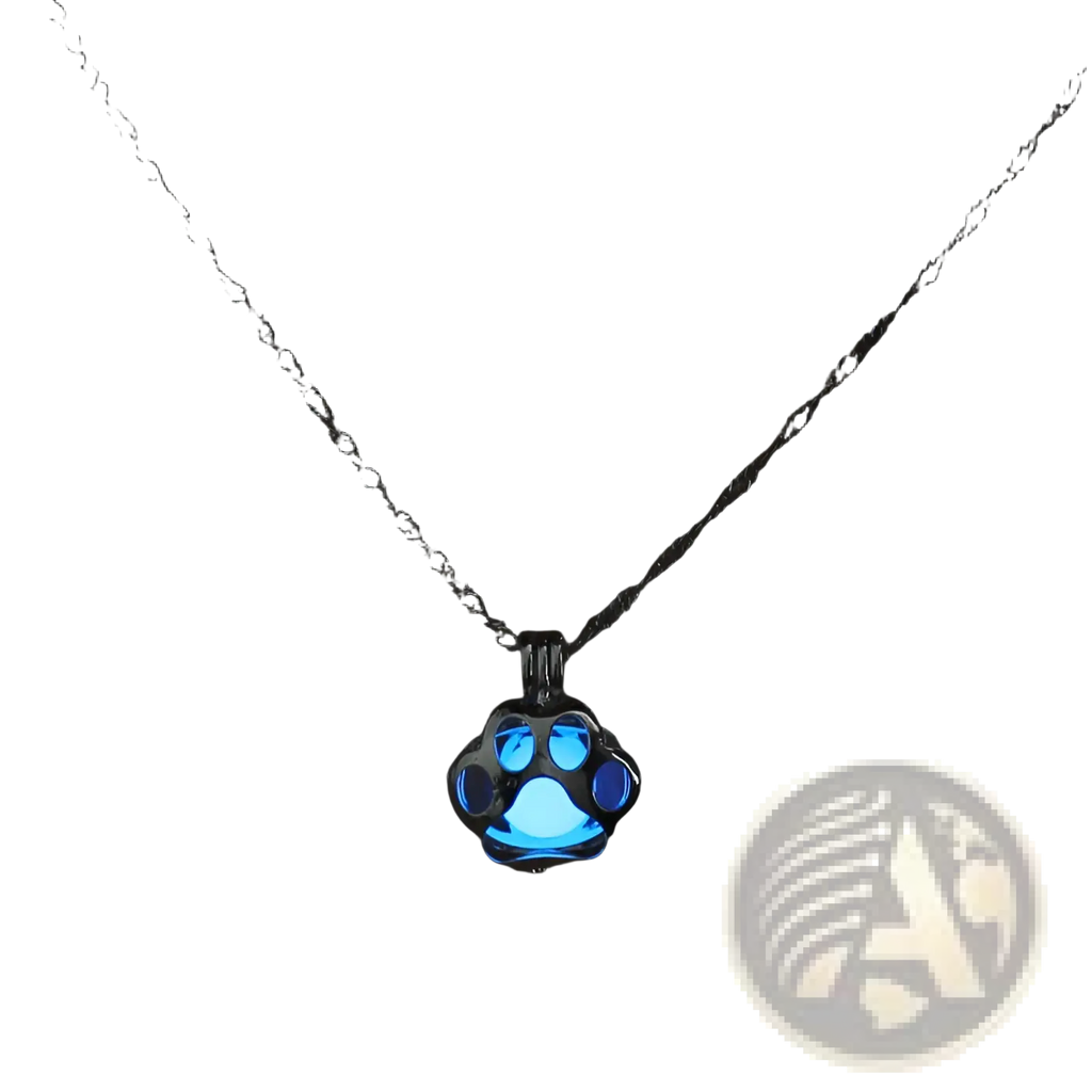 A glowing blue paw print pendant necklace with a silver-toned chain, designed as animal night light jewelry