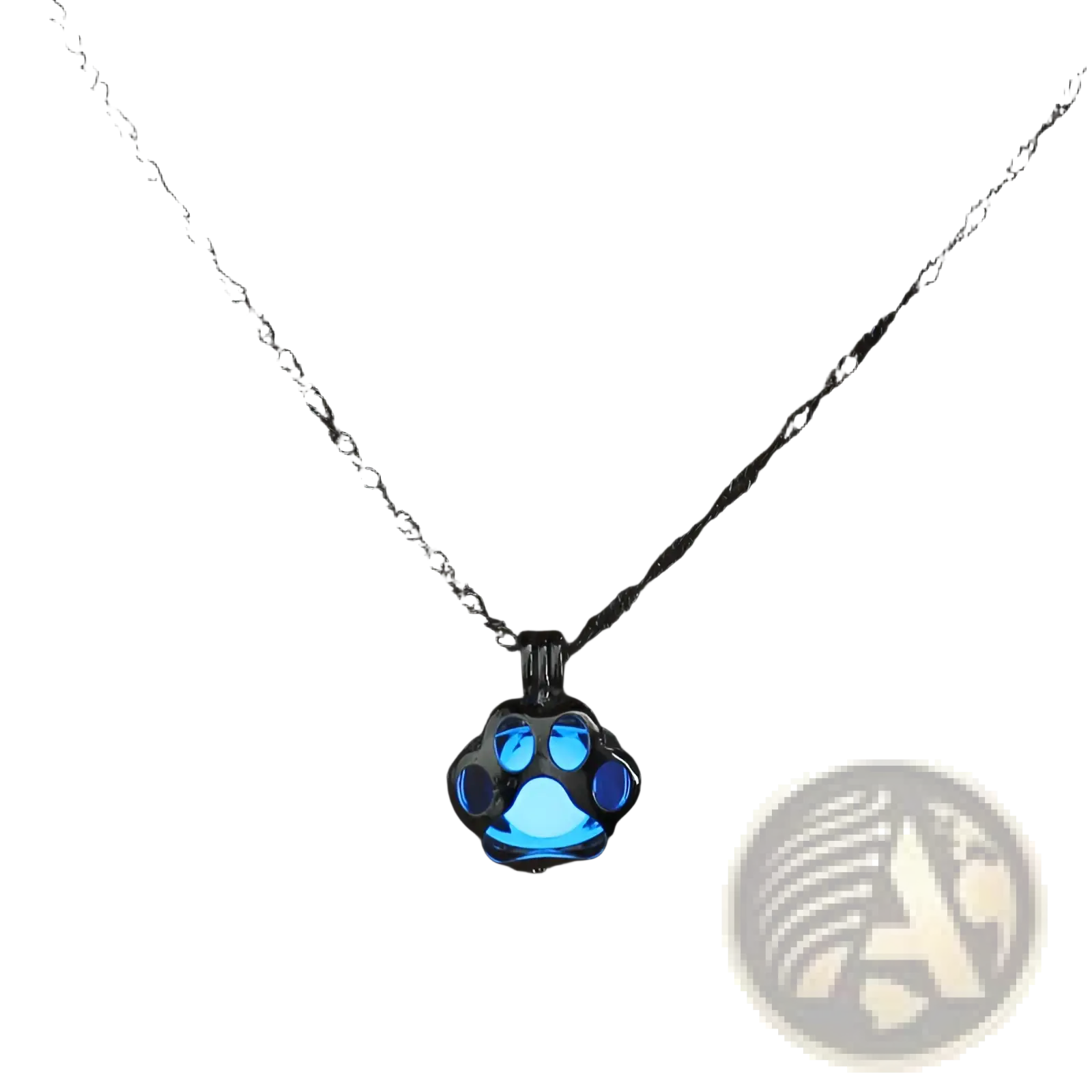 A glowing blue paw print pendant necklace with a silver-toned chain, designed as animal night light jewelry