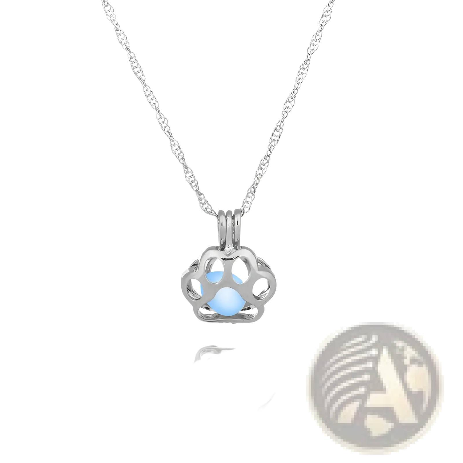 Silver paw print pendant necklace featuring a glowing light blue gemstone center for animal night light jewelry