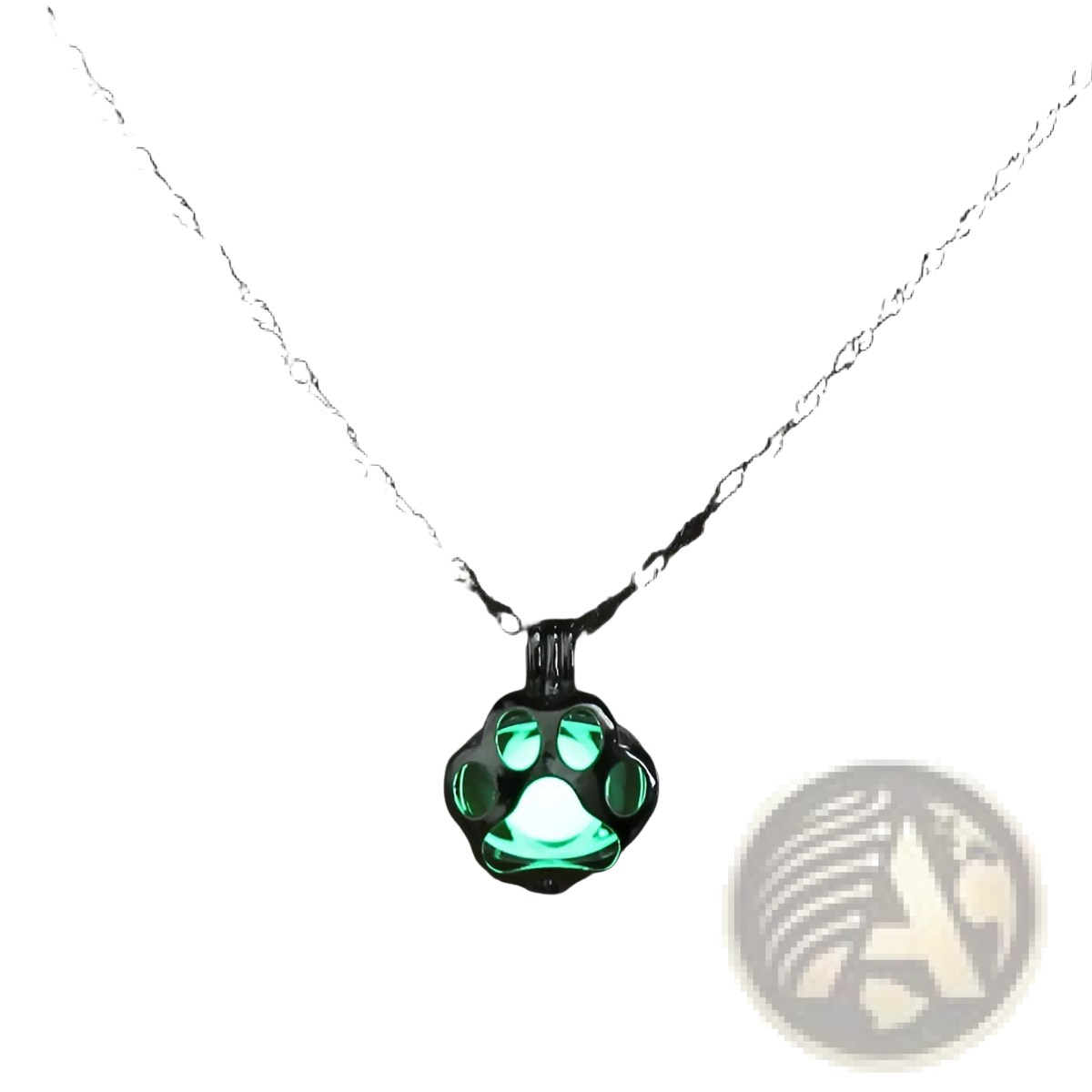 A glowing green paw print pendant necklace with a dark metal chain in animal night light jewelry style