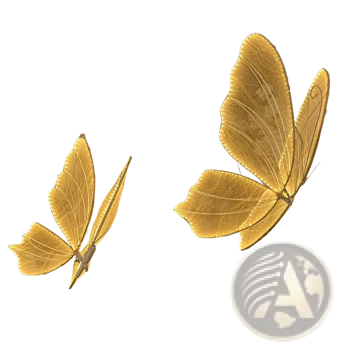 Golden illuminated butterfly wings hanging wedding stage light with intricate vein patterns and sleek metallic frame