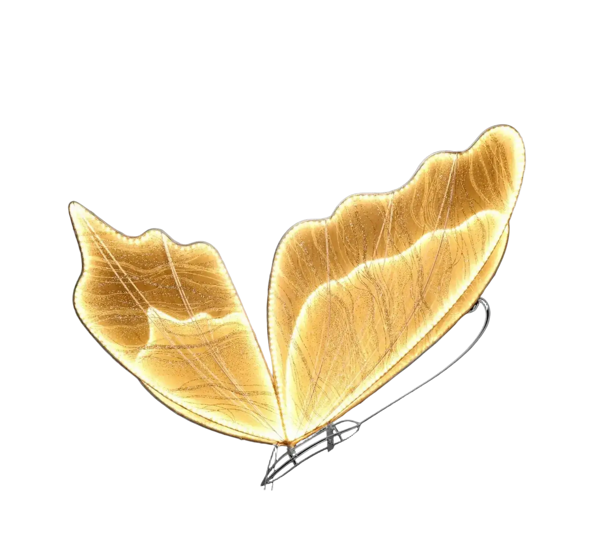 Golden butterfly wings wedding stage light with intricate leaf vein detailing and metallic wire frame accessory