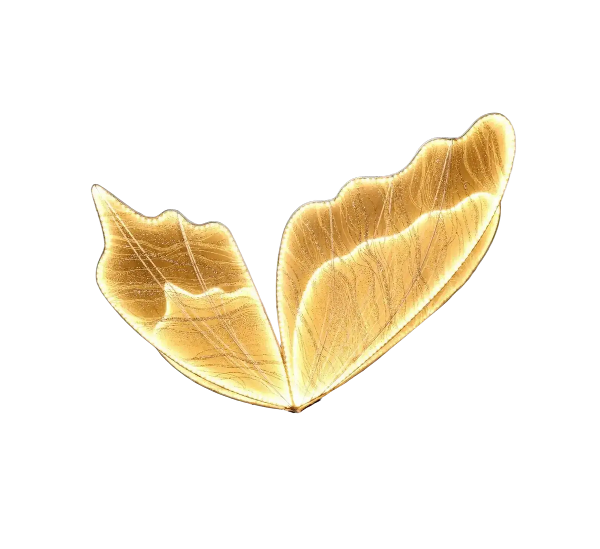 Golden butterfly wings wedding stage light with detailed vein patterns and glossy finish for elegant wedding decor