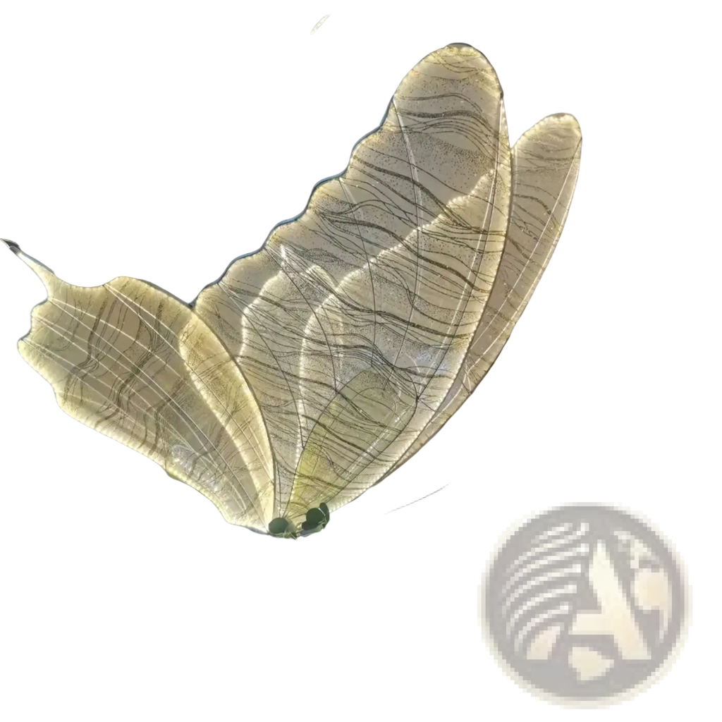 Large glowing butterfly wings hanging wedding stage light with translucent veins and intricate internal lighting design