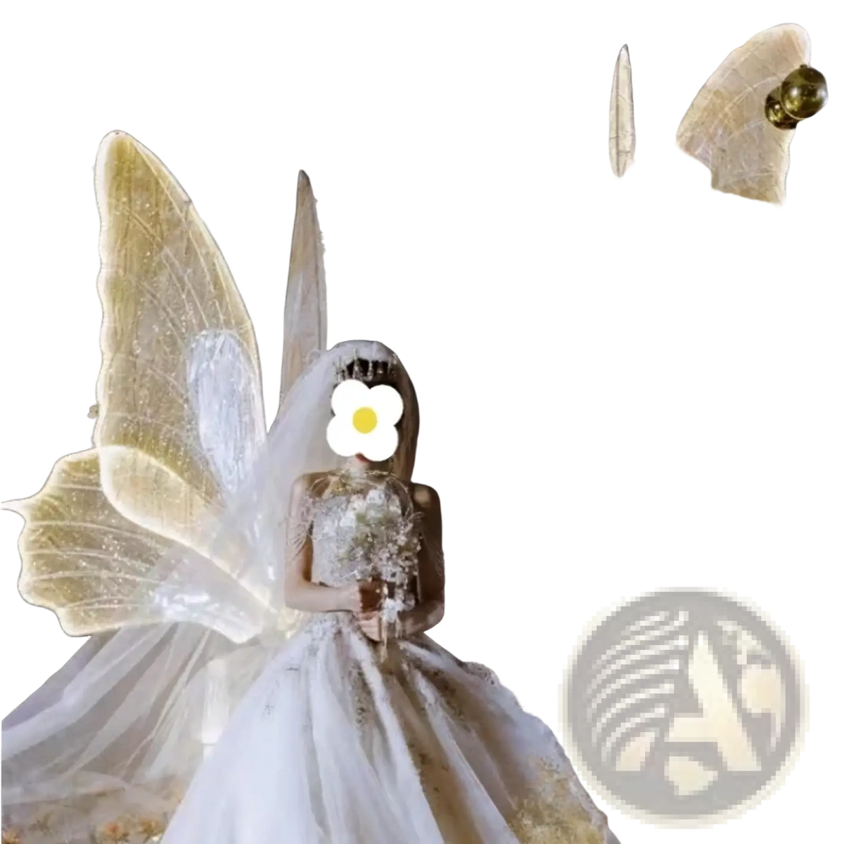 A shimmering white bridal gown with delicate lace and a flowing skirt displayed with glowing butterfly wings hanging light
