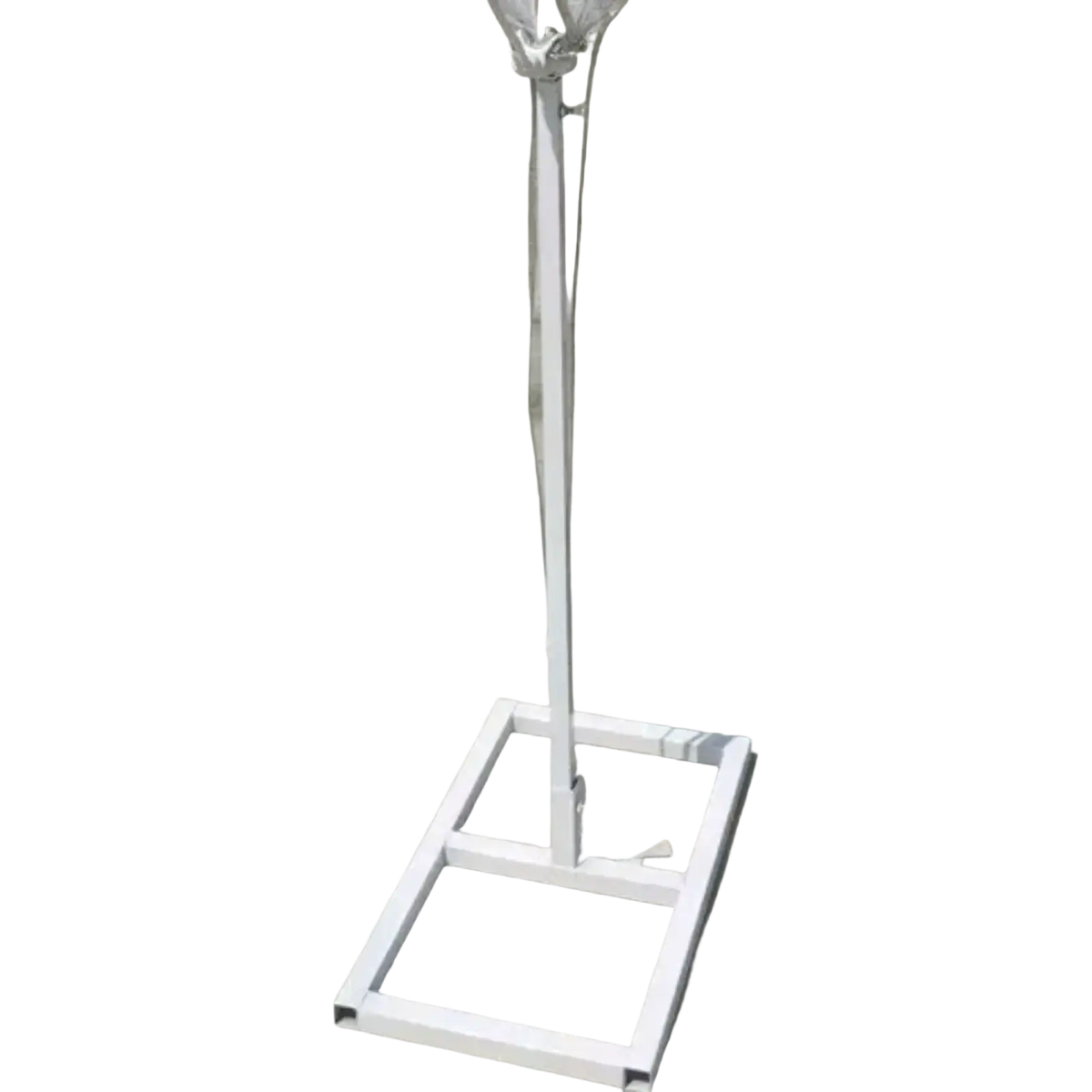 White metal stand with square base and vertical pole designed for glowing butterfly wings hanging wedding stage light