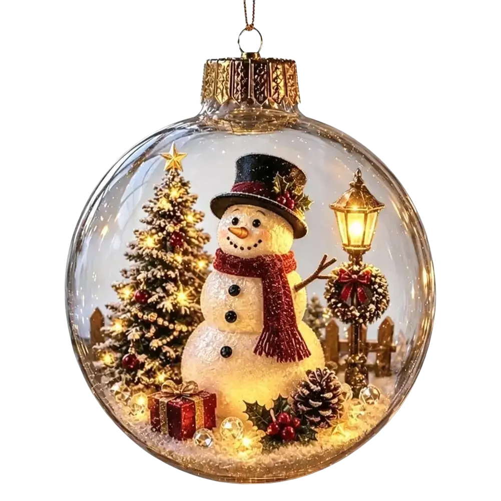 A glowing transparent glass christmas globe ornament with a cheerful snowman, lit tree, and lantern holiday decor