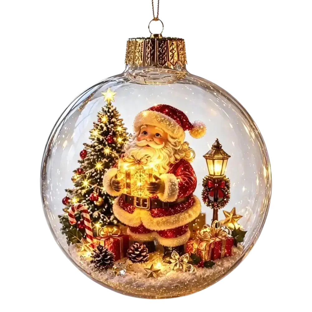 A glowing, transparent glass christmas globe ornament featuring a detailed santa claus figurine and festive elements